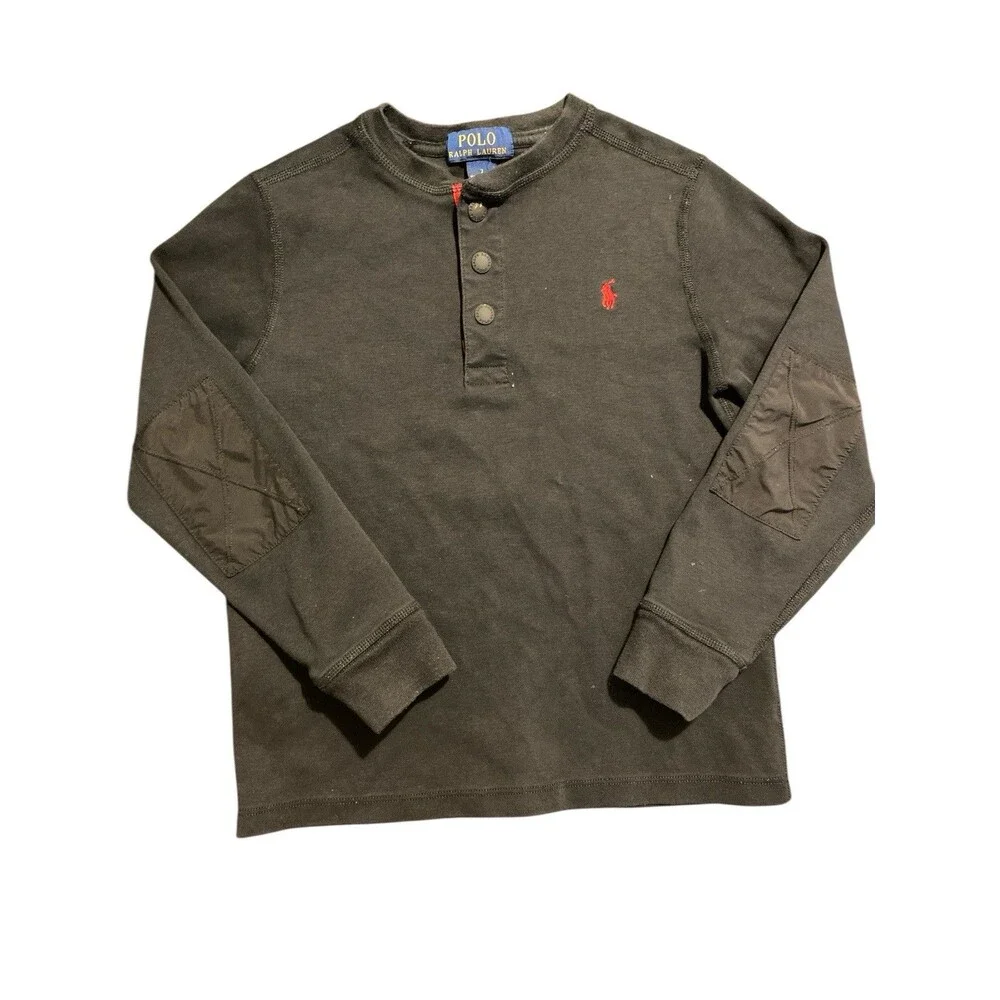 Polo Ralph Lauren Boys Sz 7 Black Henley‎ Shirt Red Trim Long Sleeve Elbow Patch - Picture 2 of 7